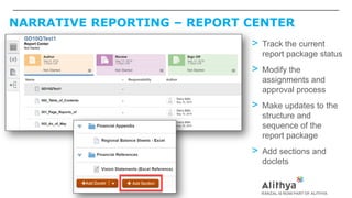 NARRATIVE REPORTING – REPORT CENTER
> Track the current
report package status
> Modify the
assignments and
approval process
> Make updates to the
structure and
sequence of the
report package
> Add sections and
doclets
 