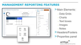 MANAGEMENT REPORTING FEATURES
>Main Elements:
– Data Grids
– Charts
– Text boxes
– Images
– Notes
>Headers/Footers
>Properties panel
 