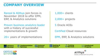 COMPANY OVERVIEW
Ranzal & Alithya join forces in
November 2018 to offer EPM,
ERP, & Analytics solutions
Proven business analytics leader
with a history of successful
implementations & growth
20+ years of implementations
1,000+ clients
2,000+ projects
5 Oracle ACEs
Certified Cloud resources
EPM, ERP, & Analytics solutions
Advisory
Services
Implementation
Services
Technical
Services
Hosting &
Support
Training
Services
Intellectual
Property
 
