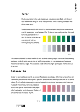 página 11
Color
Valor
El valor de un color indica cuán claro o cuán oscuro es el color. Cada color tiene un
valor determinado. Ninguno es tan claro (luminoso) como el blanco y todos son más
claros que el negro.
Si mezclamos amarillo cada vez con un poco más de azul, se produce una escala de
amarillo pasando por verde hasta azul (fig. 13). Vemos que no sólo cambian el tono y la
temperatura sino también el
valor. El color se hace cada vez
más oscuro (el valor va
disminuyendo gradualmente).
Esto podemos ilustrarlo haciendo una foto de esta escala en blanco y negro. Los colores desaparecen y
queda una escala de grises que permite ver la diferencia de valor. La misma escala de grises puede
mezclarse con blanco y negro. Para cada color puede obtenerse un gris que tenga el mismo valor que
dicho color.
Saturación
El color es saturado (‘puro’) cuando las partes reflejadas del espectro que determinan juntas el tono son
fuertemente predominantes. Esto significa que en la reflexión se encuentran pocas huellas de los demás
colores. Si en la reflexión se encuentran muchas huellas de otros colores, tenemos un color insaturado
(‘sucio’). Si mezclamos un color saturado cada
vez con más gris del mismo valor que el propio
color, la saturación va disminuyendo. El valor y el
tono permanecen invariables (fig. 14).
[ 13 ]
[ 14 ]
 