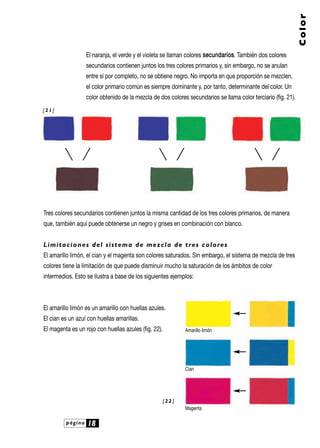 página 18
Color
El naranja, el verde y el violeta se llaman colores sseeccuunnddaarriiooss. También dos colores
secundarios contienen juntos los tres colores primarios y, sin embargo, no se anulan
entre sí por completo, no se obtiene negro. No importa en que proporción se mezclen,
el color primario común es siempre dominante y, por tanto, determinante del color. Un
color obtenido de la mezcla de dos colores secundarios se llama color terciario (fig. 21).
Tres colores secundarios contienen juntos la misma cantidad de los tres colores primarios, de manera
que, también aquí puede obtenerse un negro y grises en combinación con blanco.
Limitaciones del sistema de mezcla de tres colores
El amarillo limón, el cian y el magenta son colores saturados. Sin embargo, el sistema de mezcla de tres
colores tiene la limitación de que puede disminuir mucho la saturación de los ámbitos de color
intermedios. Esto se ilustra a base de los siguientes ejemplos:
El amarillo limón es un amarillo con huellas azules.
El cian es un azul con huellas amarillas.
El magenta es un rojo con huellas azules (fig. 22).
[ 2 1 ]
[ 2 2 ]
Amarillo limón
Cian
Magenta
 
