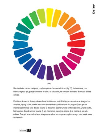 página 20
Mezclando los colores contiguos, puede ampliarse de nuevo el círculo (fig. 27). Naturalmente, con
blanco, negro o gris, puede cambiarse el valor y la saturación, tal como en el sistema de mezcla de tres
colores.
El sistema de mezcla de seis colores ofrece también más posibilidades para aproximarse al negro. Los
amarillos, rojos y azules pueden mezclarse en diferentes combinaciones. La proporción en que se
mezclan determina el tono del gris oscuro. Si deseamos obtener un gris sin tono de color, un gris neutro,
la proporción deberá ser muy exacta. El gris neutro más oscuro se obtiene de la mezcla de los seis
colores. Este gris se aproxima tanto al negro que sólo si se compara con pintura negra pura puede verse
la diferencia.
Color
[ 2 7 ]
 