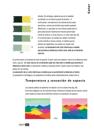 árboles. Sin embargo, sabemos que en la realidad
los árboles no van disminuyendo de tamaño. A
continuación, nos fijamos en los colores de las cuatro
secciones y vemos que también aquí existen grandes
diferencias. Lo que pasa con los colores queda claro si
para cada sección tratamos de mezclar aproximada-
mente en pintura, un color oscuro y un color claro (fig. 35).
En el primer plano, los verdes son cálidos. Contienen
mucho amarillo e incluso naranja. A medida que los
árboles van alejándose, los verdes van siendo más
azulados. LLaa tteemmppeerraattuurraa ddeell ccoolloorr ddiissmmiinnuuyyee aa mmeeddiiddaa
qquuee aauummeennttaa llaa ddiissttaanncciiaa aa ddiicchhoo ccoolloorr,, ééssttee ssee vvaa hhaacciieennddoo
mmááss ffrrííoo..
En primer plano, el contraste de valor es grande. Cuanto mayor es la lejanía, menor es la diferencia entre
claro y oscuro. UUnn ccoolloorr oossccuurroo ssee vvaa hhaacciieennddoo ccaaddaa vveezz mmááss ccllaarroo aa mmeeddiiddaa qquuee aauummeennttaa llaa
ddiissttaanncciiaa aa ddiicchhoo ccoolloorr.. La saturación muestra un proceso similar. Cuanto mayor es la lejanía, más
grises son los colores.
LLaa ssaattuurraacciióónn ddee uunn ccoolloorr ddiissmmiinnuuyyee aa mmeeddiiddaa qquuee vvaa aauummeennttaannddoo llaa ddiissttaanncciiaa aall mmiissmmoo..
La perspectiva morfológica y la perspectiva cromática están indisolublemente unidas entre sí.
Temperatura y sensación de espacio
Los colores cálidos se adelantan en relación con los colores fríos (fig. 36).
Si en dos imágenes con las mismas formas invertimos el empleo de los colores, vemos
cómo resalta el influjo de los distintos colores en la sensación de espacio.
página 25
Color
[ 3 6 ]
[ 3 5 ]
11
44
33
22
 