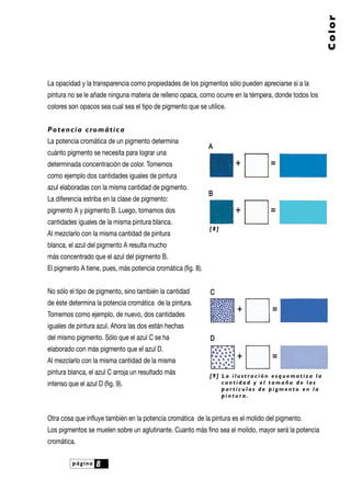 La opacidad y la transparencia como propiedades de los pigmentos sólo pueden apreciarse si a la
pintura no se le añade ninguna materia de relleno opaca, como ocurre en la témpera, donde todos los
colores son opacos sea cual sea el tipo de pigmento que se utilice.
Potencia cromática
La potencia cromática de un pigmento determina
cuánto pigmento se necesita para lograr una
determinada concentración de color. Tomemos
como ejemplo dos cantidades iguales de pintura
azul elaboradas con la misma cantidad de pigmento.
La diferencia estriba en la clase de pigmento:
pigmento A y pigmento B. Luego, tomamos dos
cantidades iguales de la misma pintura blanca.
Al mezclarlo con la misma cantidad de pintura
blanca, el azul del pigmento A resulta mucho
más concentrado que el azul del pigmento B.
El pigmento A tiene, pues, más potencia cromática (fig. 8).
No sólo el tipo de pigmento, sino también la cantidad
de éste determina la potencia cromática de la pintura.
Tomemos como ejemplo, de nuevo, dos cantidades
iguales de pintura azul. Ahora las dos están hechas
del mismo pigmento. Sólo que el azul C se ha
elaborado con más pigmento que el azul D.
Al mezclarlo con la misma cantidad de la misma
pintura blanca, el azul C arroja un resultado más
intenso que el azul D (fig. 9).
Otra cosa que influye también en la potencia cromática de la pintura es el molido del pigmento.
Los pigmentos se muelen sobre un aglutinante. Cuanto más fino sea el molido, mayor será la potencia
cromática.
página 8
Color
[9] L a i l u s t r a c i ó n e s q u e m a t i z a l a
c a n t i d a d y e l t a m a ñ o d e l a s
p a r t í c u l a s d e p i g m e n t o e n l a
p i n t u r a .
++
++
==
==
CC
DD
++
++
==
==
AA
BB
[ 8 ]
 