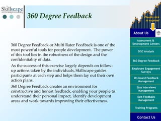 About Us
Assessment &
Development Centers
DISC Analysis
Employee Engagement
Surveys
Exit Feedback
Management
360 Degree Feedback
Training Programs
Contact Us
On-board Feedback
Management
Please click
to explore!
Stay Interviews
Management
360 Degree Feedback or Multi Rater Feedback is one of the
most powerful tools for people development. The power
of this tool lies in the robustness of the design and the
confidentiality of data.
As the success of this exercise largely depends on follow-
up actions taken by the individuals, Skillscape guides
participants at each step and helps them lay out their own
action plans.
360 Degree Feedback creates an environment for
constructive and honest feedback, enabling your people to
understand their personal impact, identify development
areas and work towards improving their effectiveness.
360 Degree Feedback
 
