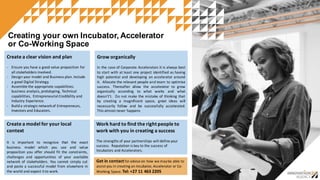 Creating  your  own  Incubator,  Accelerator
or  Co-­Working  Space
Create  a  model  for  your  local  
context
It is imp...