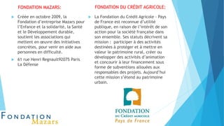 FONDATION MAZARS:
 Créée en octobre 2009, la
Fondation d’entreprise Mazars pour
l’Enfance et la solidarité, la Santé
et le Développement durable,
soutient les associations qui
mettent en œuvre des initiatives
concrètes, pour venir en aide aux
personnes en difficulté.
 61 rue Henri Regnault92075 Paris
La Défense
FONDATION DU CRÉDIT AGRICOLE:
 La Fondation du Crédit Agricole - Pays
de France est reconnue d’utilité
publique, en raison de l’intérêt de son
action pour la société française dans
son ensemble. Ses statuts décrivent sa
mission : participer à des activités
destinées à protéger et à mettre en
valeur le patrimoine rural, créer ou
développer des activités d’animation
et concourir à leur financement sous
forme de subventions allouées aux
responsables des projets. Aujourd’hui
cette mission s’étend au patrimoine
urbain.
 