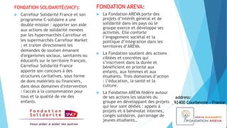 FONDATION SOLIDARITÉ(SNCF):
 Carrefour Solidarité France et son
programme C-solidaire a une
double mission : apporter son aide
aux actions de solidarité menées
par les hypermarchés Carrefour et
les supermarchés Carrefour Market
; et traiter directement les
demandes de soutien émanant
d'organismes sociaux, sanitaires ou
éducatifs sur le territoire français.
Carrefour Solidarité France
apporte son concours à des
structures caritatives, sous forme
de dons matériels ou financiers,
dans deux domaines d'intervention
: l'accès à la consommation pour
tous et la qualité de vie des
enfants.
FONDATION AREVA:
 La Fondation AREVA porte des
projets d’intérêt général et de
solidarité dans les pays où le
groupe exerce et développe ses
activités. Elle conforte
l’engagement sociétal et la
politique d’intégration dans les
territoires d’AREVA.
 La Fondation soutient des actions
ciblées et concrètes qui
s’inscrivent dans la durée et
bénéficient en priorité aux
enfants, aux femmes et aux
étudiants. Trois domaines d’action
: l’éducation, la santé et la
culture.
 La Fondation AREVA fédère autour
de ses actions les salariés du
groupe en développant des projets
qui leur sont dédiés : appels à
projets et à bénévolat internes,
congés solidaires, parrainage de
jeunes étudiants…
address:
92400 Courbevoie - France
 