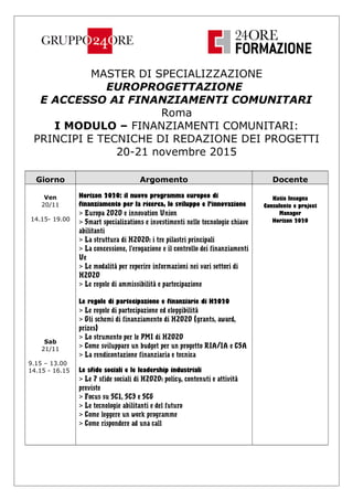 MASTER DI SPECIALIZZAZIONE
EUROPROGETTAZIONE
E ACCESSO AI FINANZIAMENTI COMUNITARI
Roma
I MODULO – FINANZIAMENTI COMUNITARI:
PRINCIPI E TECNICHE DI REDAZIONE DEI PROGETTI
20-21 novembre 2015
Giorno Argomento Docente
Ven
20/11
14.15- 19.00
Sab
21/11
9.15 – 13.00
14.15 - 16.15
Horizon 2020: il nuovo programma europeo di
finanziamento per la ricerca, lo sviluppo e l’innovazione
Europa 2020 e innovation Union>
Smart specializations e investimenti nelle tecnologie chiave>
abilitanti
La struttura di H2020: i tre pilastri principali>
La concessione, l’erogazione e il controllo dei finanziamenti>
Ue
Le modalità per reperire informazioni nei vari settori di>
H2020
Le regole di ammissibilità e partecipazione>
Le regole di partecipazione e finanziarie di H2020
Le regole di partecipazione ed eleggibilità>
Gli schemi di finanziamento di H2020 (grants, award,>
prizes)
Lo strumento per le PMI di H2020>
Come sviluppare un budget per un progetto RIA/IA e CSA>
La rendicontazione finanziaria e tecnica>
Le sfide sociali e le leadership industriali
Le 7 sfide sociali di H2020: policy, contenuti e attività>
previste
Focus su SC1, SC3 e SC6>
Le tecnologie abilitanti e del futuro>
Come leggere un work programme>
Come rispondere ad una call>
Katia Insogna
Consulente e project
Manager
Horizon 2020
 