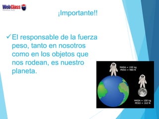 El responsable de la fuerza
peso, tanto en nosotros
como en los objetos que
nos rodean, es nuestro
planeta.
¡Importante!!
 