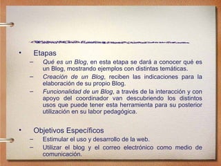 Etapas Qu é es un Blog , en esta etapa se dará a conocer qué es un Blog, mostrando ejemplos con distintas temáticas. Creación de un Blog , reciben las indicaciones para la elaboración de su propio Blog. Funcionalidad de un Blog , a través de la interacción y con apoyo del coordinador van descubriendo los distintos usos que puede tener esta herramienta para su posterior utilización en su labor pedagógica. Objetivos Espec íficos Estimular el uso y desarrollo de la web. Utilizar el blog y el correo electrónico como medio de comunicación. 