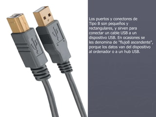 Los puertos y conectores de  Tipo B son pequeños y  rectangulares, y sirven para  conectar un cable USB a un  dispositivo USB. En ocasiones se  les denomina de "flujo8 ascendente",  porque los datos van del dispositivo  al ordenador o a un hub USB. 