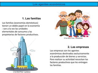 Los agentes económicos
2. Las empresas
Las empresas son los agentes
económicos destinados exclusivamente
a la producción de bienes y servicios.
Para realizar su actividad necesitan los
factores productivos que les entregan
las familias.
1. Las familias
Las familias (economías domésticas)
tienen un doble papel en la economía
: son a la vez las unidades
elementales de consumo y las
propietarias de factores productivos.
 