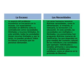 La Escasez
• La esencia del problema
económico se encuentra en la
escasez. Los especialistas
coinciden en definirla como la
contradicción entre necesidades
ilimitadas y recursos limitados. En
este sentido, todas las sociedades
tienen recursos limitados y, por lo
tanto, no pueden producir todos
los bienes y servicios que las
personas demandan.
Las Necesidades
• Los seres humanos tenemos
distintas necesidades, como la
alimentación, la vivienda, el
vestuario, la recreación o la
educación. En este sentido, las
necesidades son múltiples e
ilimitadas. Los economistas han
propuesto distintas maneras de
clasificarlas, las que dependen en
gran medida del contexto cultural
de los individuos y las sociedades
(por ejemplo: individuales o
sociales; primarias o secundarias;
o referidas al ámbito que
satisfacen, como se observa en la
pirámide de Maslow).
 