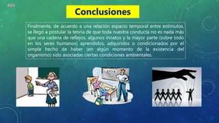 Finalmente, de acuerdo a una relación espacio temporal entre estímulos,
se llegó a postular la teoría de que toda nuestra conducta no es nada más
que una cadena de reflejos, algunos innatos y la mayor parte (sobre todo
en los seres humanos) aprendidos, adquiridos o condicionados por el
simple hecho de haber (en algún momento de la existencia del
organismo) sido asociadas ciertas condiciones ambientales.
Conclusiones
ASV
 