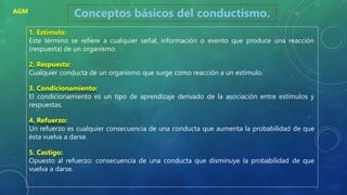 1. Estímulo:
Este término se refiere a cualquier señal, información o evento que produce una reacción
(respuesta) de un organismo.
2. Respuesta:
Cualquier conducta de un organismo que surge como reacción a un estímulo.
3. Condicionamiento:
El condicionamiento es un tipo de aprendizaje derivado de la asociación entre estímulos y
respuestas.
4. Refuerzo:
Un refuerzo es cualquier consecuencia de una conducta que aumenta la probabilidad de que
ésta vuelva a darse.
5. Castigo:
Opuesto al refuerzo: consecuencia de una conducta que disminuye la probabilidad de que
vuelva a darse.
Conceptos básicos del conductismo.
AGM
 