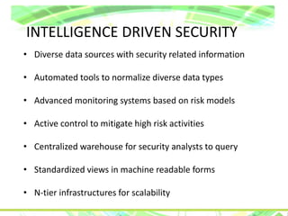 INTELLIGENCE DRIVEN SECURITY
• Diverse data sources with security related information
• Automated tools to normalize diverse data types
• Advanced monitoring systems based on risk models
• Active control to mitigate high risk activities
• Centralized warehouse for security analysts to query
• Standardized views in machine readable forms
• N-tier infrastructures for scalability
 