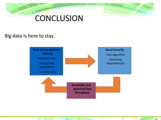 CONCLUSION
Big data is here to stay..
Data-driven decision
making
•Massive data
•Networked
applications
environment
•Shared system and
analytics in cloud
Cloud Security
•Fast algorithm
•Detecting
dependencies
Scalability and
optimized fast
throughput
 