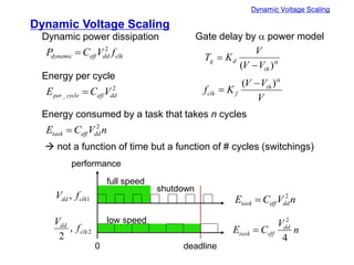 shutdown
Dynamic Voltage Scaling
Dynamic Voltage Scaling
a
)
( th
d
g
V
V
V
K
T

=
Dynamic power dissipation
clk
dd
eff
dynamic f
V
C
P 2
=
Gate delay by a power model
Energy per cycle
2
_ dd
eff
cycle
per V
C
E =
Energy consumed by a task that takes n cycles
n
V
C
E dd
eff
task
2
=
V
V
V
K
f th
f
clk
a
)
( 
=
 not a function of time but a function of # cycles (switchings)
performance
0 deadline
n
V
C
E dd
eff
task
2
=
n
V
C
E dd
eff
task
4
2
=
2
,
2
clk
dd
f
V
1
, clk
dd f
V
full speed
low speed
 