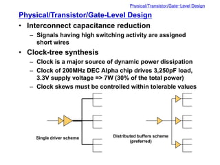 Physical/Transistor/Gate-Level Design
Physical/Transistor/Gate-Level Design
• Interconnect capacitance reduction
– Signals having high switching activity are assigned
short wires
• Clock-tree synthesis
– Clock is a major source of dynamic power dissipation
– Clock of 200MHz DEC Alpha chip drives 3,250pF load,
3.3V supply voltage => 7W (30% of the total power)
– Clock skews must be controlled within tolerable values
Single driver scheme Distributed buffers scheme
(preferred)
 