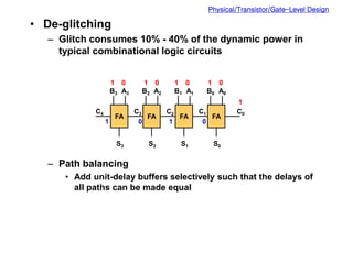 Physical/Transistor/Gate-Level Design
• De-glitching
– Glitch consumes 10% - 40% of the dynamic power in
typical combinational logic circuits
– Path balancing
• Add unit-delay buffers selectively such that the delays of
all paths can be made equal
FA FA FA FA
A0
B0
A1
B1
A2
B2
A3
B3
C0
S0
C1
S1
C2
S2
C3
S3
C4
1 1
0 0
0
1
0
1
0
1
0
1
1
 