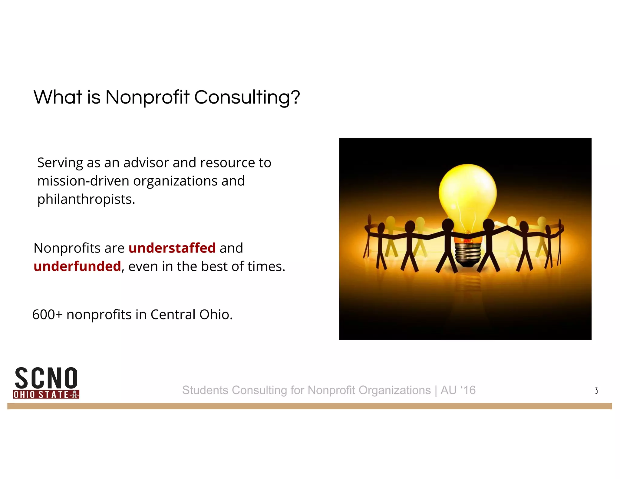 What is Nonprofit Consulting?
3Students Consulting for Nonprofit Organizations | AU ‘16
Nonprofits are understaffed and
underfunded, even in the best of times.
Serving as an advisor and resource to
mission-driven organizations and
philanthropists.
600+ nonprofits in Central Ohio.
 