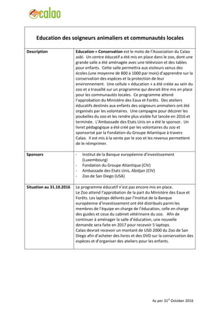 Education des soigneurs animaliers et communautés locales
Description Education = Conservation est le moto de l’Association du Calao
asbl. Un centre éducatif a été mis en place dans le zoo, dont une
grande salle a été aménagée avec une télévision et des tables
pour enfants. Cette salle permettra aux visiteurs venus des
écoles (une moyenne de 800 à 1000 par mois) d’apprendre sur la
conservation des espèces et la protection de leur
environnement. Une cellule « éducation » a été créée au sein du
zoo et a travaillé sur un programme qui devrait être mis en place
pour les communautés locales. Ce programme attend
l’approbation du Ministère des Eaux et Forêts. Des ateliers
éducatifs destinés aux enfants des soigneurs animaliers ont été
organisés par les volontaires. Une campagne pour décorer les
poubelles du zoo et les rendre plus visible fut lancée en 2016 et
terminée. L’Ambassade des Etats Unis en a été le sponsor. Un
livret pédagogique a été créé par les volontaires du zoo et
sponsorisé par la Fondation du Groupe Atlantique à travers
Calao. Il est mis à la vente par le zoo et les revenus permettent
de le réimprimer.
Sponsors - Institut de la Banque européenne d’investissement
(Luxembourg)
- Fondation du Groupe Atlantique (CIV)
- Ambassade des Etats Unis, Abidjan (CIV)
- Zoo de San Diego (USA)
Situation au 31.10.2016 Le programme éducatif n’est pas encore mis en place.
Le Zoo attend l’approbation de la part du Ministère des Eaux et
Forêts. Les laptops délivrés par l’Institut de la Banque
européenne d’investissement ont été distribués parmi les
membres de l’équipe en charge de l’éducation, celle en charge
des guides et ceux du cabinet vétérinaire du zoo. Afin de
continuer à aménager la salle d’éducation, une nouvelle
demande sera faite en 2017 pour recevoir 5 laptops.
Calao devrait recevoir un montant de USD 2000 du Zoo de San
Diego afin d’acheter des livres et des DVD sur la conservation des
espèces et d’organiser des ateliers pour les enfants.
As per 31st
October 2016
 