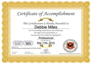 Debbie Miles
Professional
Mar 11th, 201599%52 wpm
http://www.typing.com/verify/certificate/1/307759/2/13792025
 