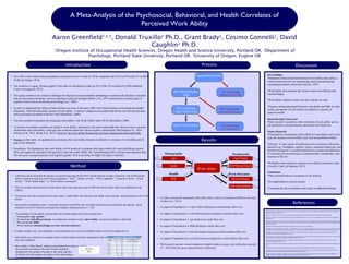 A Meta-Analysis of the Psychosocial, Behavioral, and Health Correlates of
Perceived Work Ability
Aaron Greenfield1,2,3
, Donald Truxillo2
Ph.D., Grant Brady2
, Cosimo Gonnelli2
, David
Caughlin2
Ph.D.
1
Oregon Institute of Occupational Health Sciences, Oregon Health and Science University, Portland OR, 2
Department of
Psychology, Portland State University, Portland OR, 3
University of Oregon, Eugene OR
Results
References
Discussion
Method
Introduction
• Over 20% of the United States population is projected to be 65 or older by 2030, compared with 9.8% in 1970 and 13% in 2010
(Colby & Ortman, 2014).
• The workforce is aging: Workers aged 55 and older are estimated to make up 25% of the US workforce by 2020 (Stanford
Center on Longevity, 2013).
• This aging workforce has created a challenge for employers and governments attempting to counteract the declines in function
that are associated with aging, such as weakening of physical strength (Metter et al., 1997) and declines in certain types of
cognitive skills such as processing speed (Bugg et al., 2006).
• In order to understand the effects of these declines on work, in the early 1980’s the Finnish Institute of Occupational Health
(Ilmarinen, 1991) developed the concept of work ability: A person’s subjective assessment that he/she can meet the physical
and psychological demands of his/her work (Hasselhorn, 2008).
• The most common instrument for measuring work ability is the Work Ability Index (WAI; Hasselhorn, 2008).
• A number of workplace variables are related to work ability: satisfaction, job control and health have shown to have a positive
relationship with work ability, while age and vocational strain have shown negative relationships (McGonagle et al., 2014;
Palermo et al., 2013; Weigl et al., 2013). However, the work ability literature has not been summarized meta-analytically.
• Purpose: In this study, we quantitatively summarize the work ability literature to identify 1) correlates of work ability and 2)
gaps in the literature.
• Hypotheses: We hypothesize that work ability will be positively correlated with vigor/vitality (H1) and self-efficacy/esteem
(H2), and negatively correlated with age (H3), body mass index (BMI; H4), burnout/fatigue (H5), and sick leave/absence (H6).
We also pose a research question with regard to gender: Will work ability be higher for males or females?
Key Findings
•Substantial relationship found between work ability and vitality, a
critical mental resource for maintaining stamina and decreasing
psychological distress (Ryan & Frederick, 1997).
•Work ability also related to key factors such as self-efficacy and
burnout/fatigue.
•Work ability related to actual sick leave absence at work.
•Negative relationship found between work ability and BMI. In other
words, perceptions of work ability are related to a measure of
objective health.
Research Gaps Uncovered
•More research is needed on other correlates of work ability such as
job satisfaction, job performance, and actual work behaviors.
Future Research
•Examination of moderators of the effects of work ability such as job
type, the measure of work ability used, and non-published studies.
•Job type: A wide variety of professions were examined in this meta-
analysis (e.g., firefighters, teachers, nurses, municipal employees, and
business managers). It would be beneficial to examine the differences
in correlates between jobs heavy in physical labor, mental labor, and
mixtures of the two.
•Workplace interventions to increase work ability need further study.
(Truxillo, Cadiz, & Hammer, 2015).
Limitations
•Only included Pearson correlations in the analysis.
•No unpublished or in-press articles.
•Correcting for these limitations may result in additional findings.
• A Boolean search using the OR operator was performed using the PsycNET Search function in order to generate a list of 906 articles
which contained at least one of the following phrases: “WAI”, “Ability to Work”, “Work Capability”, “Capacity to Work”, “Work-
Ability”, “Work Ability Index”, or “Work Ability Assessment”.
• The list was then narrowed down to 605 articles after removing those prior to1980 (the Work Ability Index was established in the
1980’s).
• The articles were then screened for having at least 1 usable effect size between work ability and a correlate, which generated a list of 202
articles.
• Only articles containing at least 1 correlation between work ability and a correlate of interest were included in the analysis, which
resulted in a list of 51 articles (see model for complete selection process: k = 59).
• The correlates of work ability were grouped into 4 broad categories by the research team.
• Demographic (age; gender)
• Psychosocial (self-efficacy/esteem, or confidence to perform a task; vigor/vitality, or perceived vitality in daily life)
• Physical Health (BMI)
• Work Outcomes (burnout/fatigue at work; sick leave/absence)
• Certain correlates (e.g., job satisfaction; retirement behaviors) were not included if there were too few studies (k<3).
• Each article was coded by two separate raters (3 of the authors) and then compared in order to ensure
inter-rater reliability.
• Once coded, a “Bare-Bones” analyses was performed in order to compute
the corrected correlations (the sum of each correlation
multiplied by the number of people in that study and then
divided by the total number of studies) of the relationships.
See equation and example to the right:
Original 906 Articles
• Bugg, J. M., Zook, N. A., DeLosh, E. L., Davalos, D. B., & Davis, H. P. (2006). Age differences in fluid intelligence: contributions of general slowing and frontal
decline. Brain and cognition, 62, 9-16.
• Cohen, J., Cohen, P., West, S. G., & Aiken, L. S. (2013). Applied multiple regression/correlation analysis for the behavioral sciences. Routledge.
• Colby, S. L., & Ortman, J. M. (2014). The baby boom cohort in the United States: 2012 to 2060. Current Population Reports. US Census Bureau, Washington,
DC: P25-1141.
• Goetzel, R. Z., Gibson, T. B., Short, M. E., Chu, B. C., Waddell, J., Bowen, J., DeJoy, D. M. (2010). A multi-worksite analysis of the relationships among body mass
index, medical utilization, and worker productivity. Journal of occupational and environmental medicine/American College of Occupational and Environmental
Medicine, 52, S52-58.
• Hasselhorn, H. M. (2008). Work ability-concept and assessment. Germany: University of Wuppertal.
• Ilmarinen, J., Tuomi, K., Eskelinen, L., Nygård, C. H., Huuhtanen, P., & Klockars, M. (1991). Summary and recommendations of a project involving cross-sectional
and follow-up studies on the aging worker in Finnish municipal occupations (1981—1985). Scandinavian journal of work, environment & health, 17, 135-141.
• McGonagle, A. K., Fisher, G. G., Barnes-Farrell, J. L., & Grosch, J. W. (2014). Individual and work factors related to perceived work ability and labor force
outcomes. Journal of Applied Psychology, 100, 376-398.
• Metter, E. J., Conwit, R., Tobin, J., & Fozard, J. L. (1997). Age-associated loss of power and strength in the upper extremities in women and men. The Journals of
Gerontology Series A: Biological Sciences and Medical Sciences, 52, B267-B276.
• Palermo, J., Fuller-Tyszkiewicz, M., Walker, A., & Appannah, A. (2013). Primary-and secondary-level organizational predictors of work ability. Journal of
occupational health psychology, 18, 220.
• Ryan, R. M., & Frederick, C. (1997). On energy, personality, and health: Subjective vitality as a dynamic reflection of well being.‐ Journal of personality,65, 529-
565.
• Stanford Center on Longevity (2013). The aging US workforce: A chartbook of demographic shifts. Stanford, CA: Hayutin, A., Beals, M., & Borges, E.
• Truxillo, D. M., Cadiz, D. E., & Hammer, L. B. (2015). Supporting the aging workforce: A review and recommendations for workplace intervention research.
Annual Review of Organizational Psychology and Organizational Behavior, 2, 351-381.
• Weigl, M., Mueller, A., Hornung, S., Zacher, H., & Angerer, P. (2013). The moderating effects of job control and selection, optimization, and compensation
strategies on the age–work ability relationship. Journal of Organizational Behavior, 34, 607-628.
Process
301 Discarded
(Published before 1980)
605 Published after
1980
202 Containing
Usable Effect Sizes
Final 51 Correlations
403 Discarded
(No Usable Effect Sizes)
151 Discarded
(No Correlations)
K=27
N=16,683
K=4
N=736
K=7
N=6,697
K=5
N=4,849
K=5
N=863
K=6
N=3,897
K=5
N=3,670
Work Ability
Self-Efficacy/Esteem
Age
BMI
Vigor/Vitality
Burnout/Fatigue
Sick Leave/Absence
Demographic
Gender
Psychosocial
Work OutcomesHealth
 