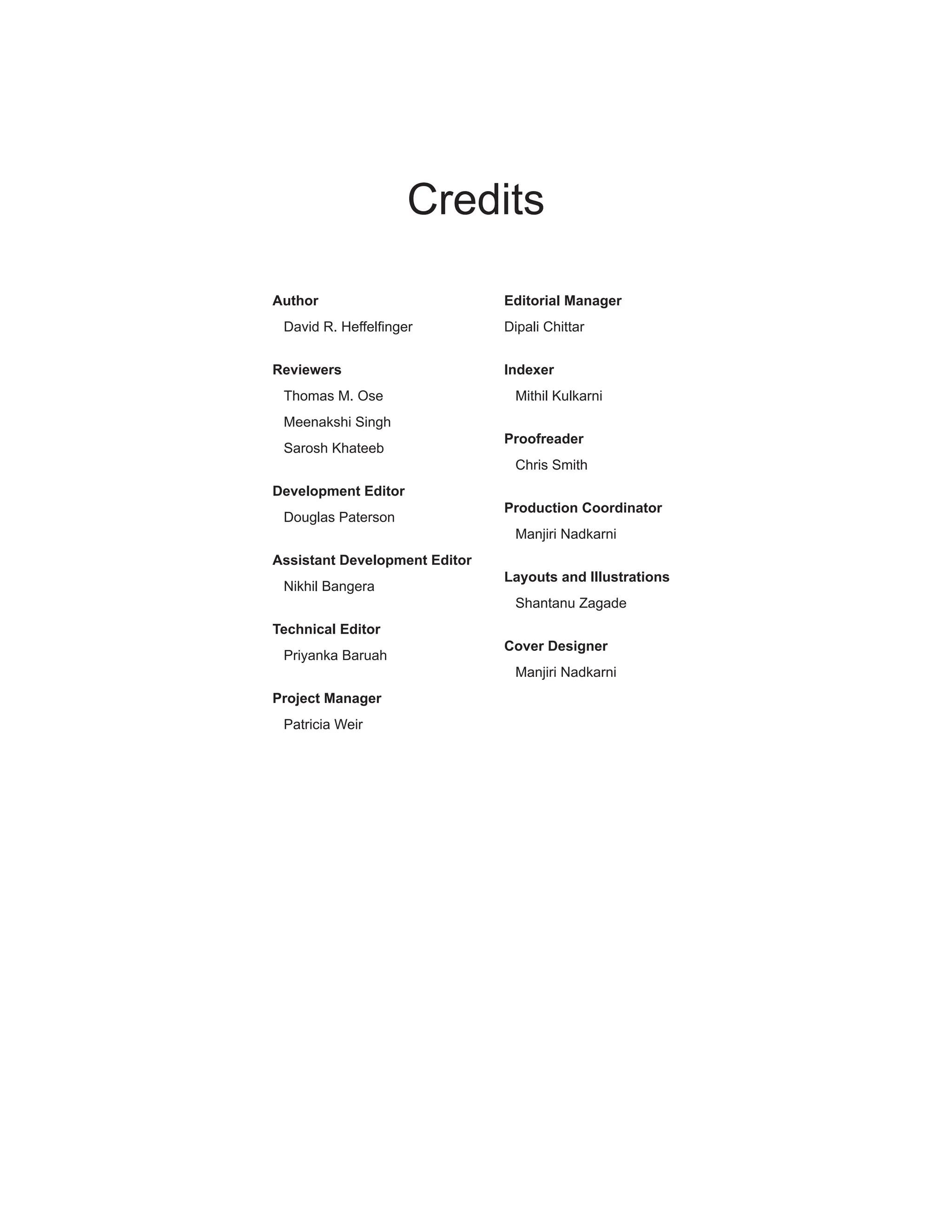 Credits
Author
David R. Heffelfinger
Reviewers
Thomas M. Ose
Meenakshi Singh
Sarosh Khateeb
Development Editor
Douglas Paterson
Assistant Development Editor
Nikhil Bangera
Technical Editor
Priyanka Baruah
Project Manager
Patricia Weir
Editorial Manager
Dipali Chittar
Indexer
Mithil Kulkarni
Proofreader
Chris Smith
Production Coordinator
Manjiri Nadkarni
Layouts and Illustrations
Shantanu Zagade
Cover Designer
Manjiri Nadkarni
 