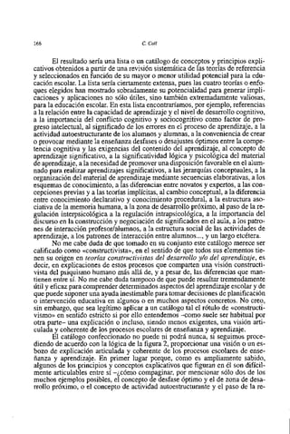 166                                   C. Coll


        El resultado seria una lista o un catálogo de conceptos y principios expli-
cativos obtenidos a partir de una revisión sistemática de las teorias de referencia
y seleccionados en función de su mayor o menor utilidad potencial para la edu-
cación escolar. La lista seria ciertamente extensa, pues las cuatro teonas o enfo-
ques elegidos han mostrado sobradamente su potencialidad para generar impli-
caciones y aplicaciones no s610 Útiles, sino tarnbién extremadamente valiosas,
para la educación escolar. En esta lista encontraríamos, por ejemplo, referencias
a la relación entre la capacidad de aprendizaje y el nivel de desarrollo cognitivo,
a la importancia del conflicto cognitivo y sociocognitivo como factor de pro-
greso intelectual, al significado de 10s errores en el proceso de aprendizaje, a la
actividad autoestructurante de 10s alumnos y alumnas, a la conveniencia de crear
o provocar mediante la enseñanza desfases o desajustes Óptimos entre la compe-
tencia cognitiva y las exigencias del contenido del aprendizaje, al concepto de
aprendizaje significativo, a la significatividad lógica y psicológica del material
de aprendizaje, a la necesidad de promover una disposición favorable en el alum-
nado para realizar aprendizajes significativos, a las jerarquías conceptuales, a la
organización del material de aprendizaje mediante secuencias elaborativas, a 10s
esquemas de conocimiento, a las diferencias entre novatos y expertos, a las con-
cepciones previas y a las teorias implicitas, al cambio conceptual, a la diferencia
entre conocimiento declarativo y conocimiento procedural, a la estructura aso-
ciativa de la memoria humana, a la zona de desarrollo próximo, al paso de la re-
gulación interpsicológica a la regulación intrapsicológica, a la importancia del
discurso en la construcción y negociación de significados en el aula, a 10s patro-
nes de interacción profesor/alumnos, a la estructura social de las actividades de
aprendizaje, a 10s patrones de interacción entre alumnos..., y un largo etcétera.
        No me cabe duda de que tomado en su conjunt0 este catálogo merece ser
calificado como ccconstructivista>>, el sentido de que todos sus elementos tie-
                                      en
nen su origen en teorías constructivistas del desarrollo y/o del aprendizaje, es
decir, en explicaciones de estos procesos que comparten una visión constructi-
vista del psiquismo humano más all6 de, y a pesar de, las diferencias que man-
tienen entre si. No me cabe duda tampoc0 de que puede resultar tremendamente
útil y eficaz para comprender determinados aspectos del aprendizaje escolar y de
que puede suponer una ayuda inestimable para tomar decisiones de planificación
o intervención educativa en algunos o en muchos aspectos concretos. No creo,
sin embargo, que sea legitimo aplicar a un catálogo tal el rótulo de ccconstructi-
vismo>> sentido estricto si por el10 entendemos -como suele ser habitual por
          en
otra parte- una explicación o incluso, siendo menos exigentes, una visión arti-
culada y coherente de 10s procesos escolares de enseñanza y aprendizaje.
        El catálogo confeccionado no puede ni podrá nunca, si seguimos proce-
diendo de acuerdo con la lógica de la figura 2, proporcionar una visión o un es-
bozo de explicación articulada y coherente de 10s procesos escolares de ense-
ñanza y aprendizaje. En primer lugar porque, como es ampliamente sabido,
algunos de 10s principios y conceptos explicativos que figuran en 61 son difícil-
mente articulables entre si -¿cóm0 compaginar, por mencionar s610 dos de 10s
muchos ejemplos posibles, el concepto de desfase óptimo y el de zona de desa-
rrollo próximo, o el concepto de actividad autoestructurante y el paso de la re-
 