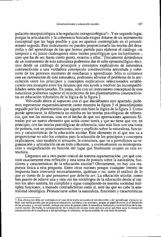 Constr~ictivismo educación escolar...
                                                       y                                                              167


gulación interpsicológica a la regulación intrapsicológica?-. Y en segundo lugar,
porque la articulación y la coherencia buscada exigen dotarse de un instrumento
conceptual que las haga posible y que no aparece contemplado en el procedi-
miento seguido. Este instrumento no pueden proporcionar10 las teorías del desa-
rrollo y del aprendizaje de las que hemos partido para elaborar el catálogo -ni
tampoc0 a mi juicio cualesquiera otras teorias psicológi~as incluyéramos-,
                                                               que
sino que ha de ser, hasta cierto punto, extern0 a ellas.' Unicamente dotándonos
de un instrumento de esta naturaleza podremos dar el salto epistemológico deci-
sivo desde un catálogo de principios y conceptos explicativos de naturaleza
constructivista a una verdadera concepción constructivista articulada y cohe-
rente de 10s procesos escolares de enseñanza y aprendizaje. S610 si contamos
con un instrumento de esta naturaleza, podremos afrontar el problema de la arti-
culación entre 10s principios y conceptos explicativos seleccionados estable-
ciendo una jerarquia entre 10s mismos que nos ayude a resolver las incompatibi-
lidades antes mencionadas. En suma, s610 con un instrumento conceptual de esta
naturaleza podremos superar el eclecticimo de 10s planteamientos constructivis-
tas en educación tributarios de la lógica de la figura 2.
       Volviendo ahora al supuesto con el que iniciábamos este apartado, pode-
mos representar esquemáticamente como muestra la figura 5 el procedimiento
seguido por 10s plantemientos que siguen más bien la lógica de la figura 3. Como
puede apreciarse, la diferencia no estriba en las teonas psicológicas de referen-
cia, que son las mismas, sino en el hecho de que sus aportaciones aparecen fil-
trada~ un nuevo elemento que actda como tarniz y que no tiene que ver, en
        por
principio, con las teonas psicológicas de referencia, sino mis bien con una toma
de postura, con un posicionamiento claro y explicito sobre la naturaleza, funcio-
nes y características de la educación escolar. Este elemento es el que nos va a
proporcionar no s610 10s criterios para la selección de 10s principios y conceptos
explicativos, sino también el armazón, la estructura, que va a permitirnos su or-
ganización y articulación en un todo coherente, y eventualmente su reinterpreta-
ción y resignificación en función del lugar que finalmente ocupen en esta es-
tructura.
       Llegamos asi a otro punto crucial de nuestra argumentación: jen qué con-
siste exactamente esta reflexión y esta toma de postura sobre la naturaleza, fun-
ciones y características de la educación escolar? Obviamente, no hay una res-
puesta Única a esta pregunta. Entre otras razones porque cualquier intento de
respuesta hace intervenir necesariamente, quiérase o no, tanto el análisis de 10
que es como de 10 que pensamos que debería ser. La educación escolar, como
han puesto de relieve una y otra vez 10s sociólogos de la educación desde al me-
nos 10s años sesenta, ha cumplido y sigue cumpliendo en nuestra sociedad múl-
tiples funciones, a menudo contradictorias entre si, ante las que no cabe la neu-
tralidad ideológica. Pronunciarse sobre la naturaleza, funciones y características

7. Esta afirmación debe ser matizada en el caso de la teoria sociocultural del desarrol10 y del aprendizaje. Como es sa-
bido, esta teoria postula que las prácticas educativas, escolares y no escolares, juegan un papel decisiva en el desamollo
de las personas y, en este sentida, incluye una toma de postura sobre la naturaleza, funciones y características de la edu-
cación escolar. De hecho, la caracterización de la educación escolar como práctica social que hace suya la concepción
constructivista de la enseñanza y del aprendizaje es tributaria, en buena medida, de esta toma de postura.
 
