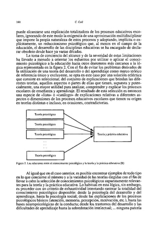 160                                                  C. Coll


puede alcanzarse una explicación totalizadora de 10s procesos educativos esca-
lares, ignorando de este modo la exigencia de una aproximación multidisciplinar
que impone la propia naturaleza de estos procesos y adoptando, implícita o ex-
plicitarnente, un reduccionismo psicológico que, al menos en el campo de la
educación, el desarrollo de las disciplinas educativas se ha encargado de decla-
rar obsolet0 desde hace ya varias décadas.
        La toma de conciencia del alcance y de la severidad de estas limitaciones
ha llevado a menudo a orientar 10s esfuerzos por utilizar o aplicar el conoci-
rniento psicológico a la educación hacia otros derroteros mis cercanos a la Ió-
gica representada en la figura 2. Con el fin de evitar 10s problemas derivados de
la utilización de una teoria del desarrollo o del aprendizaje como marco teórico
de referencia Único y excluyente, se opta en este caso por una solución ecléctica
que consiste en seleccionar, del conjunt0 de explicaciones que brindan las dife-
rentes teorias, aquellos aspectos o partes de ellas que tienen, supuesta y poten-
cialmente, una mayor utilidad para analizar, comprender y explicar 10s procesos
escolares de enseñanza y aprendizaje. El resultado de esta selección es entonces
una especie de <dista>> cccatálogo>> explicaciones relativas a diferentes as-
                         o             de
pectos o dimensiones de 10s procesos educativos escolares que tienen su origen
en teorías distintas e incluso, en ocasiones, contradictorias.

        I       Teoria psicolbgica        h
                Teoria psicológica


                Teoria psicológica                                 b     Teoria y práctica educativa

                        . ..
                        . ..
                        .. .


         u      Teoria psicológica

Figura 2. Las relaciones entre el conocimiento psicológico y la teoria y la práctica educativa (B)


       Al igual que en el caso anterior, es posible encontrar ejemplos de todo tipo
en 10 que concierne al número y a la variedad de las teorias elegidas con el fin de
llevar a cabo la selección de conocimientos psicológicos supuestamente relevan-
tes para la teoria y la práctica educativa. Lo habitual en esta lógica, sin embargo,
es proceder con un criteri0 de exhaustividad intentando rastrear la totalidad del
conocimiento psicológico disponible: desde la psicologia del desarrollo y del
aprendizaje, hasta la psicologia social; desde las explicaciones de 10s procesos
psicológicos básicos (atención, memoria, percepción, motivación, etc.), hasta las
bases neuropsicológicas de la conducta; desde 10s trastornos del desarrollo y las
dificultades de aprendizaje hasta la sobredotación intelectual; ... ninguna parcela
 