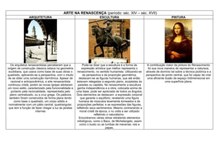 ARTE NA RENASCENÇA (período: séc. XIV – séc. XVII)
ARQUITETURA ESCULTURA PINTURA
Os arquitetos renascentistas perceberam que a
origem de construção clássica estava na geometria
euclidiana, que usava como base de suas obras o
quadrado, aplicando-se a perspectiva, com o intuito
de se obter uma construção harmônica. Apesar de
racional e antropocêntrica, a arte renascentista
continuou cristã, porém as novas igrejas adotaram
um novo estilo, caracterizado pela funcionalidade e
portanto pela racionalidade, representada pelo
plano centralizado, ou a cruz grega. Os palácios
também foram construídos de forma plana tendo
como base o quadrado, um corpo sólido e
normalmente com um pátio central, quadrangular,
que tem a função de fazer chegar a luz às janelas
internas
Pode-se dizer que a escultura é a forma de
expressão artística que melhor representa o
renascimento, no sentido humanista. Utilizando-se
da perspectiva e da proporção geométrica,
destacam-se as figuras humanas, que até então
estavam relegadas a segundo plano, acopladas às
paredes ou capitéis. No renascimento a escultura
ganha independência e a obra, colocada acima de
uma base, pode ser apreciada de todos os ângulos.
Dois elementos se destacam: a expressão corporal
que garante o equilíbrio, revelando uma figura
humana de músculos levemente torneados e de
proporções perfeitas; e as expressões das figuras,
refletindo seus sentimentos. Mesmo contrariando a
moral cristã da época, o nu volta a ser utilizado
refletindo o naturalismo.
Encontramos várias obras retratando elementos
mitológicos, como o Baco, de Michelangelo, assim
como o busto ou as tumbas de mecenas, reis e
papas.
A contribuição maior da pintura do Renascimento
foi sua nova maneira de representar a natureza,
através de domínio tal sobre a técnica pictórica e a
perspectiva de ponto central, que foi capaz de criar
uma eficiente ilusão de espaço tridimensional em
uma superfície plana.
 