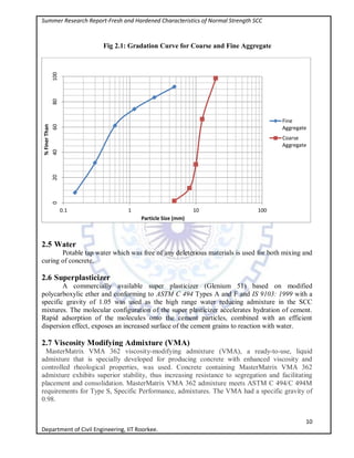 Summer Research Report-Fresh and Hardened Characteristics of Normal Strength SCC
10
Department of Civil Engineering, IIT Roorkee.
Fig 2.1: Gradation Curve for Coarse and Fine Aggregate
2.5 Water
Potable tap water which was free of any deleterious materials is used for both mixing and
curing of concrete.
2.6 Superplasticizer
A commercially available super plasticizer (Glenium 51) based on modified
polycarboxylic ether and conforming to ASTM C 494 Types A and F and IS 9103: 1999 with a
specific gravity of 1.05 was used as the high range water reducing admixture in the SCC
mixtures. The molecular configuration of the super plasticizer accelerates hydration of cement.
Rapid adsorption of the molecules onto the cement particles, combined with an efficient
dispersion effect, exposes an increased surface of the cement grains to reaction with water.
2.7 Viscosity Modifying Admixture (VMA)
MasterMatrix VMA 362 viscosity-modifying admixture (VMA), a ready-to-use, liquid
admixture that is specially developed for producing concrete with enhanced viscosity and
controlled rheological properties, was used. Concrete containing MasterMatrix VMA 362
admixture exhibits superior stability, thus increasing resistance to segregation and facilitating
placement and consolidation. MasterMatrix VMA 362 admixture meets ASTM C 494/C 494M
requirements for Type S, Specific Performance, admixtures. The VMA had a specific gravity of
0.98.
020406080100
0.1 1 10 100
%FinerThan
Particle Size (mm)
Fine
Aggregate
Coarse
Aggregate
 