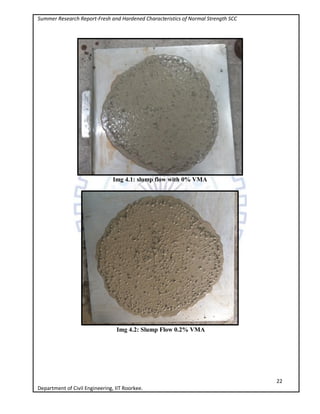 Summer Research Report-Fresh and Hardened Characteristics of Normal Strength SCC
22
Department of Civil Engineering, IIT Roorkee.
Img 4.1: slump flow with 0% VMA
Img 4.2: Slump Flow 0.2% VMA
 