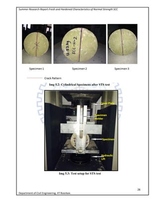 Summer Research Report-Fresh and Hardened Characteristics of Normal Strength SCC
28
Department of Civil Engineering, IIT Roorkee.
Img 5.2: Cylindrical Specimens after STS test
Img 5.3: Test setup for STS test
 