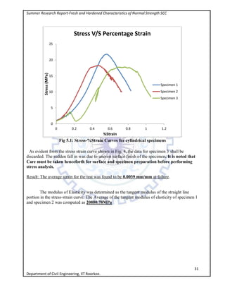 Summer Research Report-Fresh and Hardened Characteristics of Normal Strength SCC
31
Department of Civil Engineering, IIT Roorkee.
Fig 5.1: Stress-%Strain Curves for cylindrical specimens
As evident from the stress strain curve shown in Fig: 4, the data for specimen 3 shall be
discarded. The sudden fall in was due to uneven surface finish of the specimen. It is noted that
Care must be taken henceforth for surface and specimen preparation before performing
stress analysis.
Result: The average strain for the test was found to be 0.0039 mm/mm at failure.
The modulus of Elasticity was determined as the tangent modulus of the straight line
portion in the stress-strain curve. The Average of the tangent modulus of elasticity of specimen 1
and specimen 2 was computed as 20880.78MPa
0
5
10
15
20
25
0 0.2 0.4 0.6 0.8 1 1.2
Stress(MPa)
%Strain
Stress V/S Percentage Strain
Specimen 1
Specimen 2
Specimen 3
 