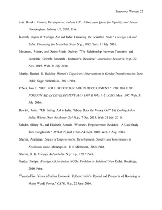Empower Women 22
Jain, Devaki. Women, Development, and the UN: A Sixty-year Quest for Equality and Justice.
Bloomington: Indiana UP, 2005. Print.
Kamath, Shyam J. "Foreign Aid and India: Financing the Leviathan State." Foreign Aid and
India: Financing the Leviathan State. N.p., 1992. Web. 31 July 2016.
Maximino, Martin, and Denise-Marie Ordway. "The Relationship between Terrorism and
Economic Growth: Research - Journalist's Resource." Journalists Resource. N.p., 20
Nov. 2015. Web. 31 July 2016.
Murthy, Ranjani K. Building Women's Capacities: Interventions in Gender Transformation. New
Delhi: Sage Publications, 2001. Print.
O'Neil, June E. "THE ROLE OF FOREIGN AID IN DEVELOPMENT." THE ROLE OF
FOREIGN AID IN DEVELOPMENT MAY 1997 (1997): 1-51. CBO. May 1997. Web. 31
July 2016.
Rowlatt, Justin. "UK Ending Aid to India: Where Does the Money Go?" UK Ending Aid to
India: Where Does the Money Go? N.p., 7 Oct. 2015. Web. 31 July 2016.
Schuler, Sidney R., and Elisabeth Rottach. "Women's Empowerment Revisited: A Case Study
from Bangladesh." JSTOR 20 (n.d.): 840-54. Sept. 2010. Web. 1 Aug. 2016.
Sharma, Aradhana. Logics of Empowerment: Development, Gender, and Governance in
Neoliberal India. Minneapolis: U of Minnesota, 2008. Print.
Sharma, R. K. Foreign Aid to India. N.p.: n.p., 1977. Print.
Sundar, Pushpa. Foreign Aid for Indian NGOs: Problem or Solution? New Delhi: Routledge,
2010. Print.
"Twenty-Five Years of Indian Economic Reform: India’s Record and Prospects of Becoming a
Major World Power." CATO. N.p., 22 June 2016.
 