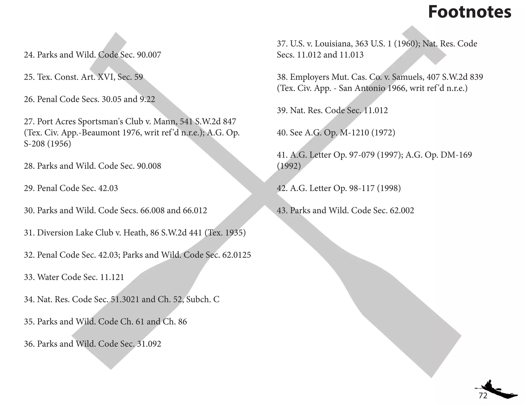 72
		 Footnotes
24. Parks and Wild. Code Sec. 90.007
25. Tex. Const. Art. XVI, Sec. 59
26. Penal Code Secs. 30.05 and 9.22
27. Port Acres Sportsman's Club v. Mann, 541 S.W.2d 847
(Tex. Civ. App.-Beaumont 1976, writ ref'd n.r.e.); A.G. Op.
S-208 (1956)
28. Parks and Wild. Code Sec. 90.008
29. Penal Code Sec. 42.03
30. Parks and Wild. Code Secs. 66.008 and 66.012
31. Diversion Lake Club v. Heath, 86 S.W.2d 441 (Tex. 1935)
32. Penal Code Sec. 42.03; Parks and Wild. Code Sec. 62.0125
33. Water Code Sec. 11.121
34. Nat. Res. Code Sec. 51.3021 and Ch. 52, Subch. C
35. Parks and Wild. Code Ch. 61 and Ch. 86
36. Parks and Wild. Code Sec. 31.092
37. U.S. v. Louisiana, 363 U.S. 1 (1960); Nat. Res. Code
Secs. 11.012 and 11.013
38. Employers Mut. Cas. Co. v. Samuels, 407 S.W.2d 839
(Tex. Civ. App. - San Antonio 1966, writ ref'd n.r.e.)
39. Nat. Res. Code Sec. 11.012
40. See A.G. Op. M-1210 (1972)
41. A.G. Letter Op. 97-079 (1997); A.G. Op. DM-169
(1992)
42. A.G. Letter Op. 98-117 (1998)
43. Parks and Wild. Code Sec. 62.002
 