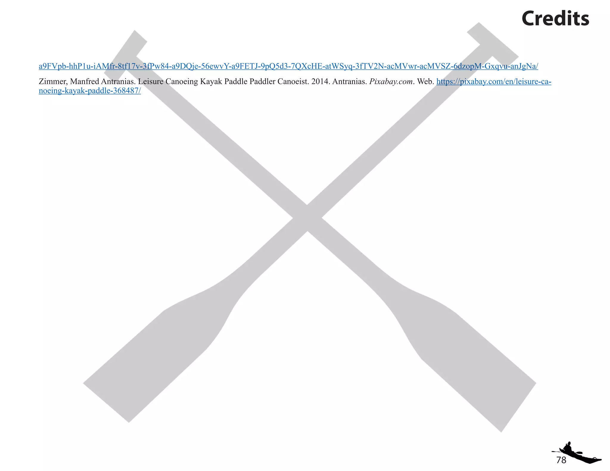 78
a9FVpb-hhP1u-iAMfr-8tf17v-3fPw84-a9DQje-56ewvY-a9FETJ-9pQ5d3-7QXcHE-atWSyq-3fTV2N-acMVwr-acMVSZ-6dzopM-Gxqvu-anJgNa/
Zimmer, Manfred Antranias. Leisure Canoeing Kayak Paddle Paddler Canoeist. 2014. Antranias. Pixabay.com. Web. https://pixabay.com/en/leisure-ca-
noeing-kayak-paddle-368487/
Credits
 