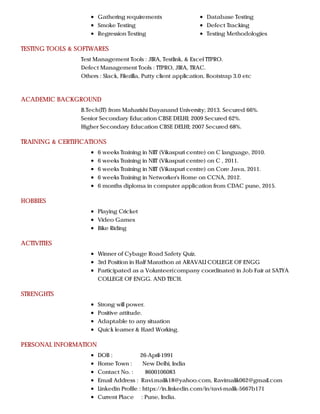 TESTING TOOLS & SOFTWARES
ACADEMIC BACKGROUND
TRAINING & CERTIFICATIONS
HOBBIES
ACTIVITIES
STRENGHTS
PERSONAL INFORMATION
Gathering requirements
Smoke Testing
Regression Testing
Database Testing
Defect Tracking
Testing Methodologies
Test Management Tools : JIRA, Testlink, & Excel TTPRO.
Defect Management Tools : TTPRO, JIRA, TRAC.
Others : Slack, Filezilla, Putty client application, Bootstrap 3.0 etc
B.Tech(IT) from Maharishi Dayanand University; 2013. Secured 66%.
Senior Secondary Education CBSE DELHI; 2009 Secured 62%.
Higher Secondary Education CBSE DELHI; 2007 Secured 68%.
6 weeks Training in NIIT (Vikaspuri centre) on C language, 2010.
6 weeks Training in NIIT (Vikaspuri centre) on C , 2011.
6 weeks Training in NIIT (Vikaspuri centre) on Core Java, 2011.
6 weeks Training in Networker's Home on CCNA, 2012.
6 months diploma in computer application from CDAC pune, 2015.
Playing Cricket
Video Games
Bike Riding
Winner of Cybage Road Safety Quiz.
3rd Position in Half Marathon at ARAVALI COLLEGE OF ENGG
Participated as a Volunteer(company coordinater) in Job Fair at SATYA
COLLEGE OF ENGG. AND TECH.
Strong will power.
Positive attitude.
Adaptable to any situation
Quick learner & Hard Working.
DOB : 26-April-1991
Home Town : New Delhi, India
Contact No. : 8600106083
Email Address : Ravi.malik18@yahoo.com, Ravimalik062@gmail.com
Linkedin Profile : https://in.linkedin.com/in/ravi-malik-5667b171
Current Place : Pune, India.
 