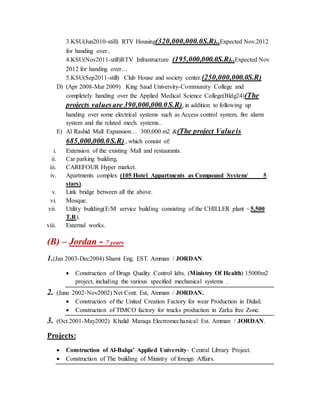 3.KSU(Jun2010-still) RTV Housing(320,000,000.0S.R)..Expected Nov.2012
for handing over..
4.KSU(Nov2011-still)RTV Infrastructure (195,000,000.0S.R)..Expected Nov
2012 for handing over…
5.KSU(Sep2011-still) Club House and society center.(250,000,000.0S.R)
D) (Apr 2008-Mar 2009) King Saud University-Community College and
completely handing over the Applied Medical Science College(Bldg24)(The
projects valuesare 390,000,000.0S.R), in addition to following up
handing over some electrical systems such as Access control system, fire alarm
system and the related mech. systems..
E) Al Rashid Mall Expansion… 300,000 m2 &(The project Valueis
685,000,000.0S.R)., which consist of:
i. Extension of the existing Mall and restaurants.
ii. Car parking building.
iii. CAREFOUR Hyper market.
iv. Apartments complex (105 Hotel Appartments as Compound System/ 5
stars).
v. Link bridge between all the above.
vi. Mosque.
vii. Utility building(E/M service building consisting of the CHILLER plant ~5,500
T.R).
viii. External works.
(B) – Jordan - 7 years
1.(Jan 2003-Dec2004) Shami Eng. EST. Amman / JORDAN.
 Construction of Drugs Quality Control labs. (Ministry Of Health) 15000m2
project, including the various specified mechanical systems .
2. (June 2002-Nov2002) Net Cont. Est, Amman / JORDAN.
 Construction of the United Creation Factory for wear Production in Dulail.
 Construction of TIMCO factory for trucks production in Zarka free Zone.
3. (Oct.2001-May2002) Khalid Maraqa Electromechanical Est. Amman / JORDAN.
Projects:
 Construction of Al-Balqa' Applied University- Central Library Project.
 Construction of The building of Ministry of foreign Affairs.
 