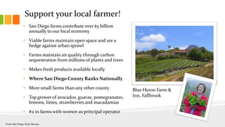 Support your local farmer!
• San Diego farms contribute over $5 billion
annually to our local economy
• Viable farms maintain open space and are a
hedge against urban sprawl
• Farms maintain air quality through carbon
sequestration from millions of plants and trees
• Makes fresh products available locally
• Where San Diego County Ranks Nationally
• More small farms than any other county
• Top grower of avocados, guavas, pomegranates,
lemons, limes, strawberries and macadamias
• #2 in farms with women as principal operator
From San Diego Farm Bureau
Blue Heron Farm &
Inn, Fallbrook
 