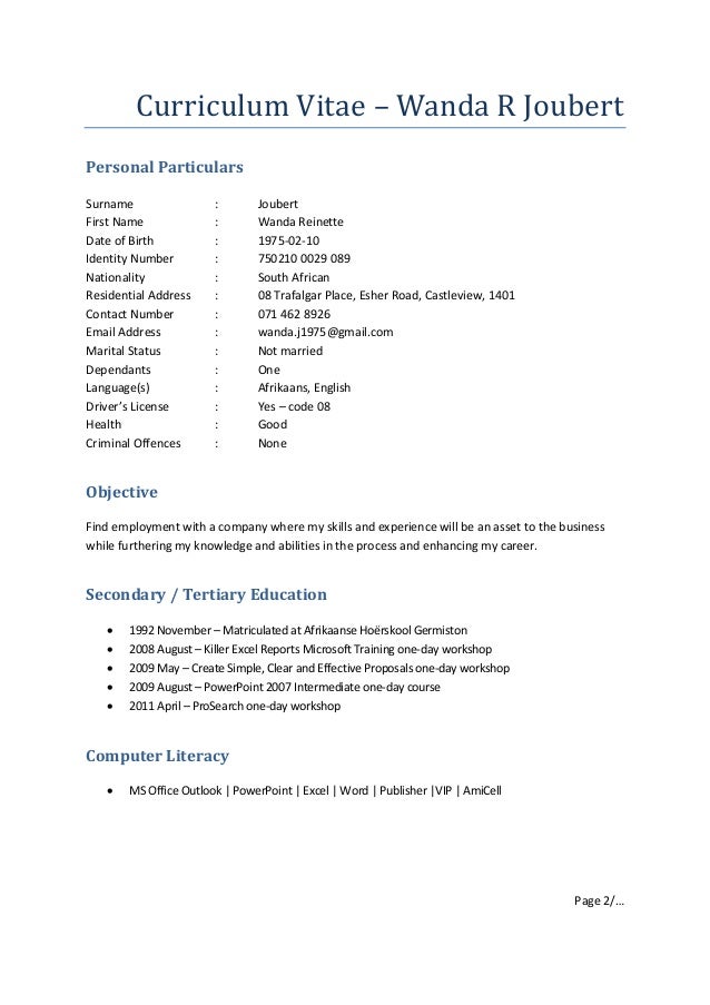 curriculum afrikaans template vitae R 2015 Wanda Joubert Summary CV curriculum afrikaans template vitae R 2015 Wanda Joubert Summary CV