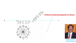 X Y
Prof.S.Rajendiran,
Ashoka Institution
a
1
2
3
4
5
6
7
8
9
10
11
11’
1’
10’
2’
9’
3’
8’
4’
5’
7’
6’
a’
13.Draw horizontal projector as shown
 