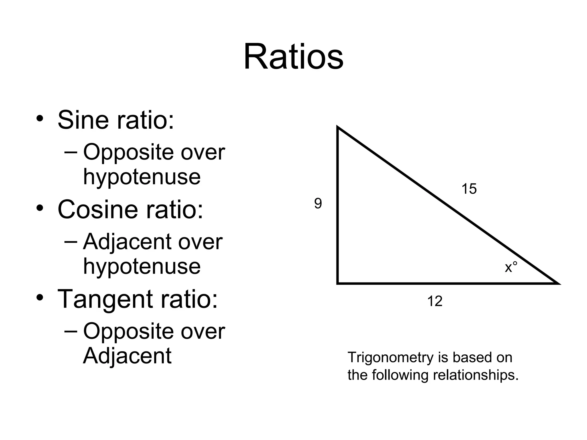 Ratios Sine ratio: Opposite over hypotenuse Cosine ratio: Adjacent over hypotenuse Tangent ratio: Opposite over Adjacent 9 12 15 Trigonometry is based on  the following relationships. x° 