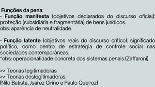 Funções da pena:
- Função manifesta (objetivos declarados do discurso oficial):
proteção (subsidiária e fragmentária) de bens jurídicos.
obs: aparência de neutralidade.
- Função latente (objetivos reais do discurso crítico): significado
político, como centro de estratégia de controle social nas
sociedades contemporâneas.
*obs: operacionalidade concreta dos sistemas penais (Zaffaroni).
>> Teorias legitimadoras
>> Teorias deslegitimadoras
(Nilo Batista, Juarez Cirino e Paulo Queiroz)
 