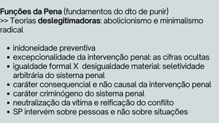 inidoneidade preventiva
excepcionalidade da intervenção penal: as cifras ocultas
igualdade formal X desigualdade material: seletividade
arbitrária do sistema penal
caráter consequencial e não causal da intervenção penal
caráter criminógeno do sistema penal
neutralização da vítima e reificação do conflito
SP intervém sobre pessoas e não sobre situações
Funções da Pena (fundamentos do dto de punir)
>> Teorias deslegitimadoras: abolicionismo e minimalismo
radical
 