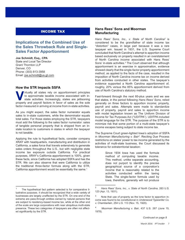 SALES THROWBACK AND THE SINGLE SALES FACTOR